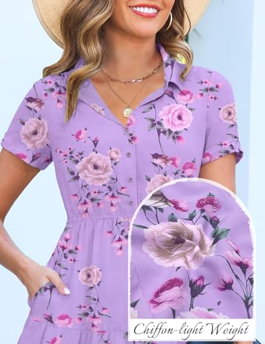 Image of Kranda Women 2026 Summer Collared V Neck Short Sleeve Button Down Chiffon Long Tiered Floral Maxi Dress with Pockets
