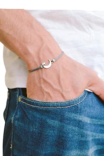Men's Bracelet, Silver Crescent Moon Charm, Gray Cords, Bracelet For Men, Gift For Him, Moon Star Bracelet, Clasp, Mens Jewelry #TOP2