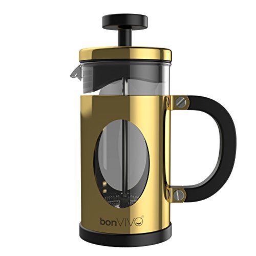 bonVIVO® GAZETARO I Design-Kaffeebereiter Und French Press Coffee Maker In Gold-Optik, Kaffee-Kanne Aus Glas Mit Edelstahl-Rahmen, Kaffee-Presse Mit Edelstahl-Filter, klein, 0,35l / 350ml (3 Tassen)