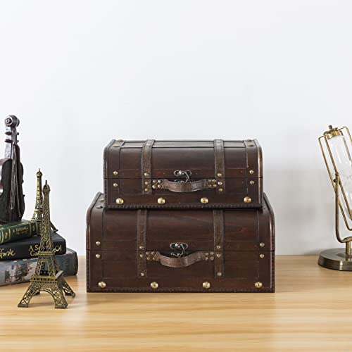 Wood And Leather Treasure Chest Boxes - Set Of 2: Wooden Boxes With Hinged Lids, Vintage Suitcase Décor, Storage Trunk For Organizing, Pirate Treasure Chests, Decorative Photo Props (Bentley) #TOP3