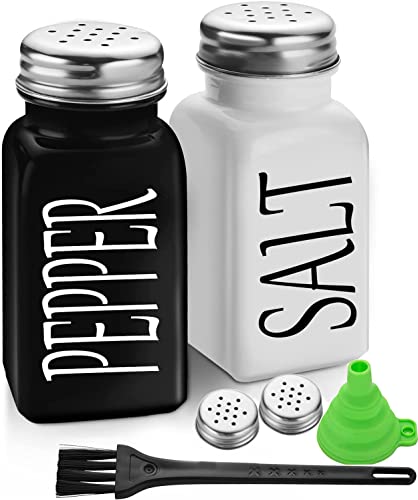 Salt and Pepper Shaker Set,Farmhouse Salt and Pepper Shakers,Vintage Glass Black and White Shaker Set With Stainless Steel Lid, Easy To Fill And Clean