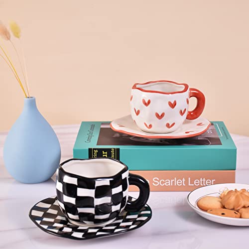 Image of Koythin 10oz Irregular Ceramic Mug With Saucer, Red Heart Latte Tea Cup