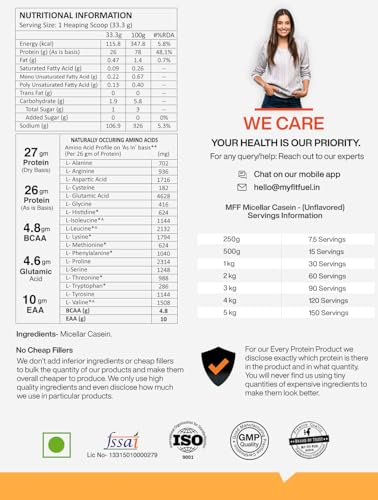 Image of MyFitFuel Micellar Casein Protein Powder | 500 gm, 15 Servings (Unflavoured) | Slow Release Protein