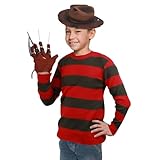 Designdetails：Dieses Krüger Kostüm Set für Kinder hat reiche Designdetails. Das gestreifte Pullover hat klassische rote Streifen, kombiniert mit Freddy Hut und Freddy Handschuh, um das Charakterbild perfekt wiederzugeben. Jeder Accessoire ist sorgfältig entworfen und sieht gruselig aus.