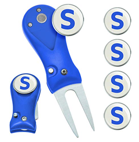 Clip Wipes Switchblade Golf Divot Tool & 5 Personalized Letter (A to Z) Ball Markers (Blue-S)