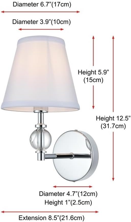Pemberly Row Contemporary 7" Wall Iron Sconce, Chrome Finish, Tapered Fabric Shade, Crystal Glass Accent, Sleek Metal Arm, Round Backplate, Indoor Lighting Fixture for Hallways, Living Rooms, Bedrooms