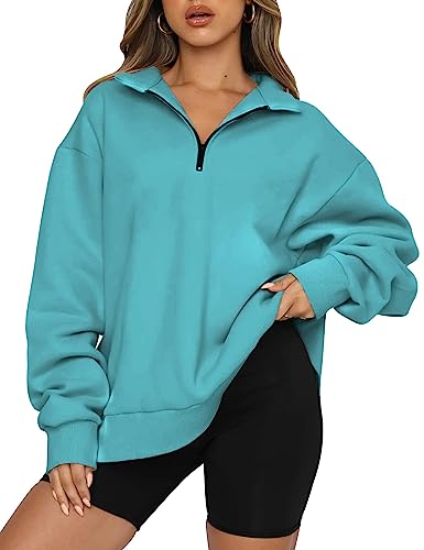Image of Famulily Winter Women Solid Color Fleece Workout Pullover Quarter Zip Casual Ladies Sweatshirts Tops with Pockets Blue XL