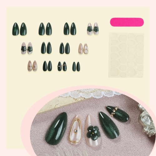 Image of Green Press on Nails Medium Almond Fake Nails Glitter False Nail with Gold Design Flower Glue on Nails Reusable Artificial Acrylic Full Cover Stick on Nail for Women Manicure 24Pcs