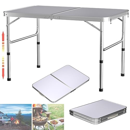 Image of AUTOFU Aluminium Folding Table Portable Lightweight Camping Table Extra Strength Trestle Table for Indoor Outdoor, White - 90 x 60 x 37/67cm Picnic Table