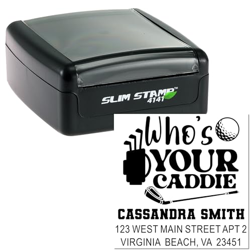 Image of Caddie Humor Slim Pre Inked Mailing Stamp - Square Imprint Address Mark | Choice of 5 ink colors. Travel Mailing Stamp. Decorative Craft Stamp. Fits a purse or tote. Slim travel body. Oil-based ink.