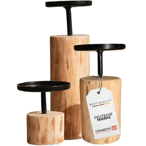 TOPANBIETER 999 Juego de 3 candelabros, diseño redondo de madera de eucalipto y metal, altura 8-22 cm, elegante candelabro para velas de pilar, moderno candelabro decorativo de mesa en negro/marrón | Ya disponible en tu tienda friki favorita! En mundofriki.es!