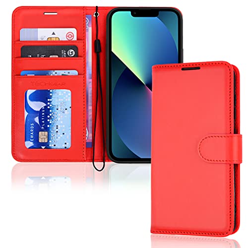 TECHGEAR Etui iPhone iPhone 13 Portefeuille - Housse en Cuir avec Rabat de Protection, Fentes pour Cartes, Béquille et Dragonne, Cuir PU Rouge Compatible avec...