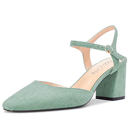 NobleOnly Mujer Medio Chunky Ancho Heel Cerrado el Dedo del pie Cuadrada Punta Slingback Correa Tobillo Sandalias Fiesta Dress Zapatos 6.5 CM Heels Verde Claro 42 EU