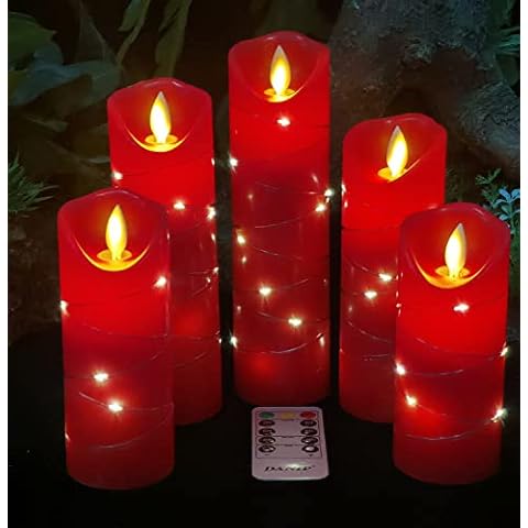 Red LED Flameless Candle with Embedded Star String, DANIP 5 Piece LED Candle with 10 Button Remote Control, 24 Hours Timer Function, Dancing Flame, Real Wax, Battery Powered. (red) Cover