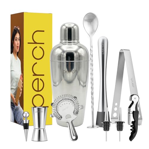 Image of O' Holic by Perch Craft 10-Piece Stainless Steel Bartender Kit|Premium Cocktail Shaker Set with Jigger 30 /60ml, Spoon,Pourer,Ice Tong, & Bar Tools|Professional Bar Set for Home &Tour Parties|Silver