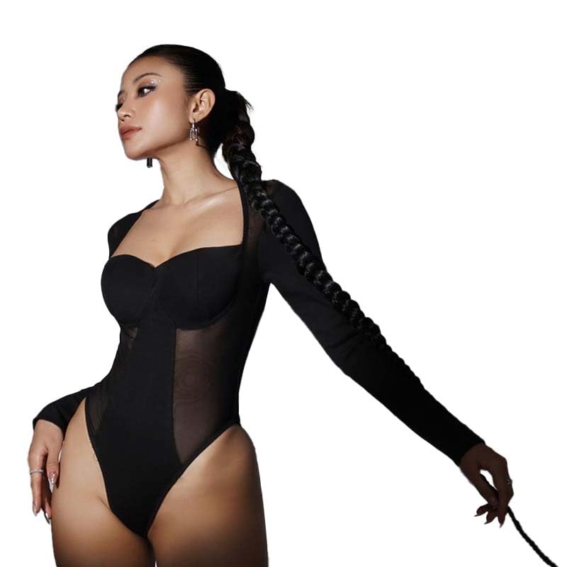 MeeQeeBodysuit for Women Long Sleeve Square Neck Bodysuits with Snap Sexy Splicing Sheer Mesh See Through One Piece Tops Slim Stretchy Black Going Out Jumpsuit Top Leotard Clubwear