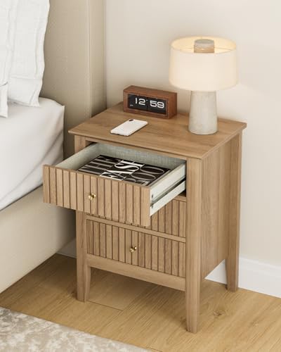 Image of Fluted Nightstand, Farmhouse Night Stand with 3 Drawers, Mid Century Modern Side Accent Table,Bedside End Table for Bedroom, Living Room, Natural