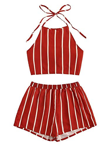 SweatyRocks Women's Striped 2 Piece Outfits Halter Crop Cami Top and Shorts Set Burgundy S