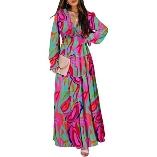 BLENCOT Womens Casual Boho Floral Deep V Neck Long Sleeve Maxi Dress