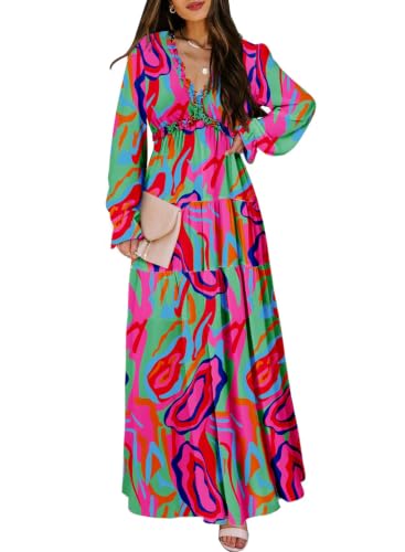 Image of BLENCOT Womens Casual Boho Floral Deep V Neck Long Sleeve Maxi Dress | Long Ruched Party Maxi Wedding Dress; Flowy Comfortable Boho Dresses
