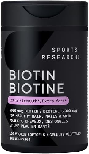 Sports Research® Extra Strength Vegan Biotin 5,000mcg with Organic Coconut Oil - Helps to Maintain Healthy Hair, Nails and Skin - Great for Women & Men - 120 Veggie Softgels
