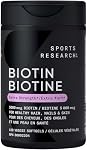 Sports Research® Biotin 5,000mcg w/huile de coco, 120 Count PlantgelsTM-Extra Strength Vegan Biotine (Vitamine B7) pour une peau et des cheveux en santé Support & Sans soja, 120 Services