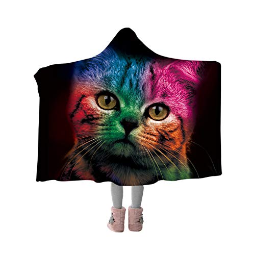 BlessLiving Cat Hooded Blanket for Adult and Kids Colorful Cat Print Fleece Blanket Sherpa Animal Blanket Hooded Throw (Adult 80