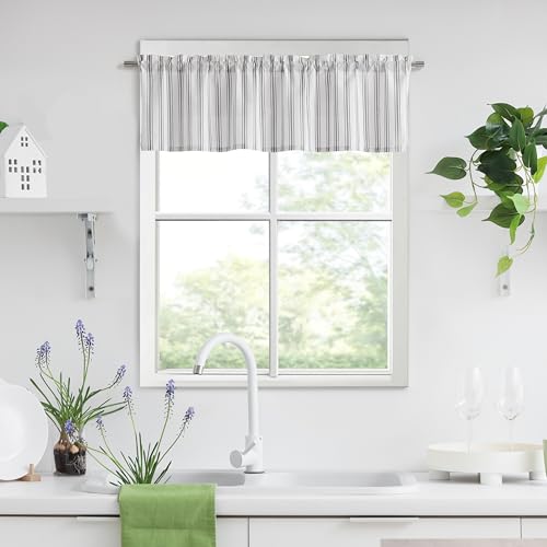 ZJDECOR Stripe Kitchen Window Valances,Black Stripes on White Cotton Blended Light Filtering Fabric,Farmhouse Window Treatment,Rod Pocket Top,55