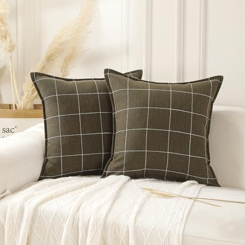 AMAROTI Pure Linen Plaid Throw Pillow Covers 20x20, Set of 2, Khaki