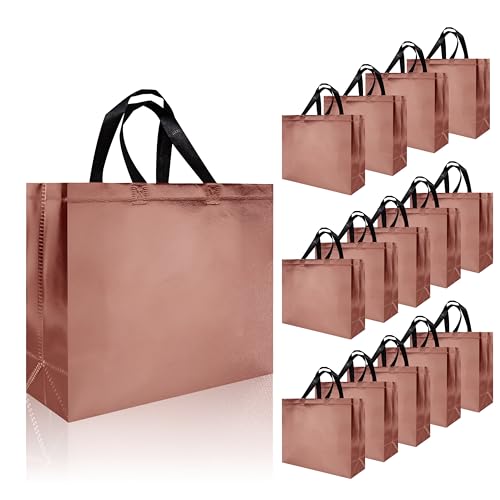 cabzymx 15 Pcs Rose Gold Reusable Gift Bags Bulk, 12.6 x 4.7 x 11 In Non-woven Party Gift Bags for Birthday, Wedding, Christmas, Thanksgiving - with Handles & Sturdy Bases