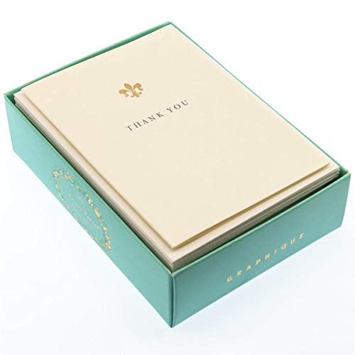 Image of Graphique Fleur de Lis La Petite Presse Boxed Thank You Notes - 10 Embossed and Embellished Gold Foil Fleur de Lis Thank You Cards with Matching Envelopes, 3.25 inch x 4.75 inch