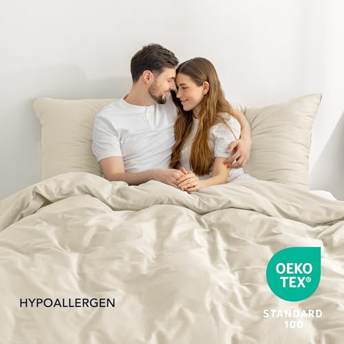 Foto von Dreamzie Bettwäsche Set 135x200 Mako Satin - Beige - 1 Bettbezug 135x200 cm mit 1 Kissenbezug 80x80 cm - Oeko-Tex Zertifiziert - Bettwäsche 135x200 Baumwolle 2teilig