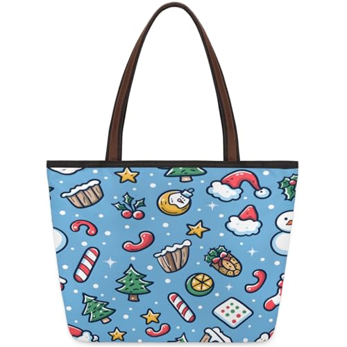 Cartoon Snowman Christmas Tree Candy Berry Tote Bag Multi Pocket Zippered Beach Bag Lightweight Waterproof Handbag for Women Men Work Gym Travel Swimming Yoga Grocery Shopping L