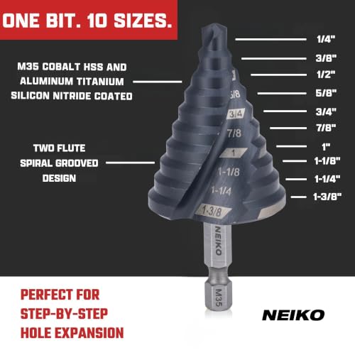 Image of NEIKO 10174B Step Drill Bit, 10 Steps 1 /4 inch to 1-3 /8 inch Spiral M35 Cobalt, AlTiSiN Coated, 1 /4 inch Quick Change Step Bits for Steel, Metal, Wood, Plastic, Unibit Cone Drill Bits, Two Flute