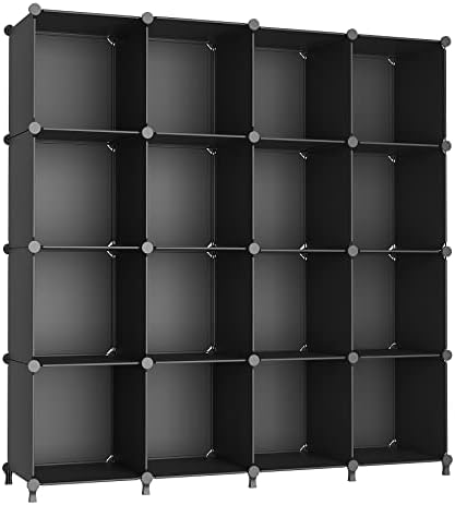 AWTATOS Cube Storage Organizer Modular Storage Cubes Bookshelf Portable Closet Storage Shelves DIY Plastic 16 Cube Organizer Shelving, Stackable Storage Solution for Bedroom, Home Office, Black