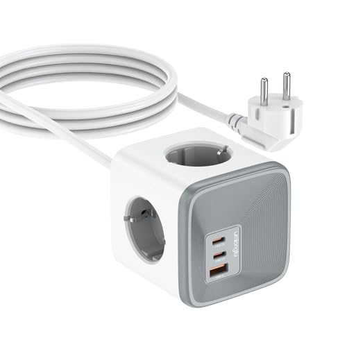 Regleta Enchufes USB 7 en 1, Regleta Cubo 4 Tomas AC (4000W/16A) y 3 Puertos USB (33W) Enchufe Multiple, Regleta Enchufes Proteccion Sobretension y Cable Extensión 1,5 m para Casa, Oficina, Escritorio
