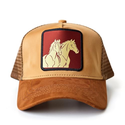 Image of Baseball Cap for Men Original Adjustable Unisex Cap, Mens Caps Stylish, Brown Suede Cap with Net Back, Structured 5 Panel A-Frame Trucker Hat, Amber Luxe