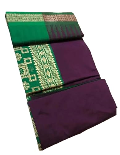 Jolly Women`s Sambalpuri Silk Saree Pasapalli Long Temple Border Blouse Pc - Purple Green