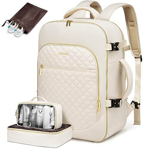 LOVEVOOK Carry on Backpack,40L Women, Airline Approved,Waterproof Large TSA, Travel 17inch Laptop Backpack Daypack with Anti-theft Pocket for Business Trip College Weekender,Beige