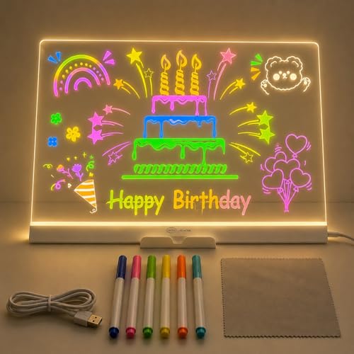 Quadro de Desenho Luminária LED para Escrita com 7 Canetas – Lousa de Mesa para Anotações em Acrílico com Efeito 3D
