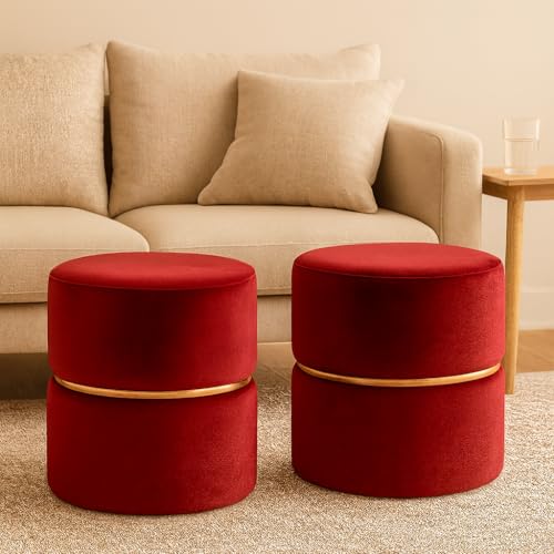 Image of Wooden Puffy Stool for Living Room Round Footstool - Ottoman Stool for Living Room Furniture Round Ottoman - Sitting Pouffe Ottoman Stool /Room Dcor /Office Stool - (Set of 2 Red)