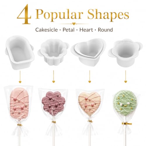 Image of Cake Pop Molds Set, 4 Shapes with Tray, 100 Sticks Wrappers Ties | 4-shape cake pop cutter set with dual-slot tray, plus 100 cake pop sticks, 100 wrappers, and 100 twist ties