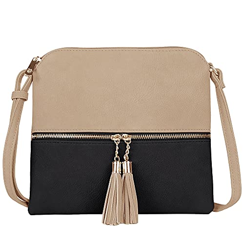 SG SUGU Lightweight Medium Crossbody Bag Shoulder Bag with Tassel and Zipper Pocket (Sand Black)