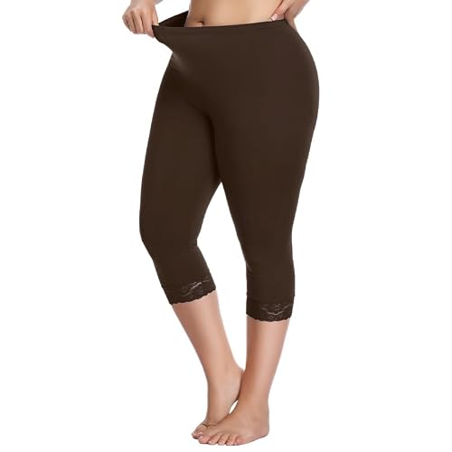 Women's Plus Size Capri Leggings Soft Lace Trim Comfy Stretchy Cropped Leggings Basic Yoga Pants Brown 2X