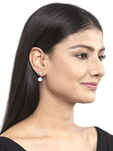 Image of CLARA 925 Sterling Silver Pearl Earrings Gift for Women & Girls | Swiss Zirconia | Screw Back | Minimal Daily Wear | Platinum Plated