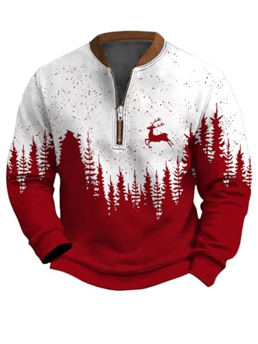 Christmas Sweatshirts for Men Fashion Xmas Graphic Print Sweatshirt Long Sleeve Stand Collar Slim Pullover Tops (US, Alpha, X-Large, Regular, Regular, Style 17)