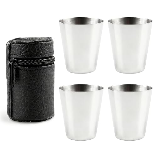 Stainless Steel Shot Glasses Set of 4, 1 oz (30 ml) Stackable Metal Shot Cups with Black Leather Carrying Case, Portable BPA-Free Tumblers for Camping, Travel & Home Bar