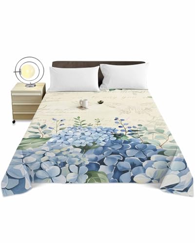 Queen Size Top Sheet Only, Blue Hydrangea Rustic Eucalyptus Flat Sheet Microfiber Breathable Soft Bed Sheets, Farmhouse Blue Flower Hotel Bedding Flat Sheets for Bedroom