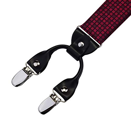 Image of GUSLESON Adjustable Plaid Floral 6 Clips Y Shape Suspenders Pre-tied Bow Tie and Pocket Square Set with Gift Box
