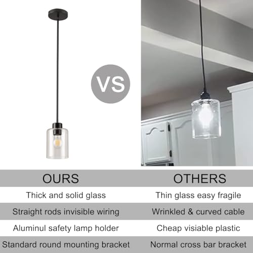 KLSS Black Pendant Lights Kitchen Island - Seeded Glass Pendant Light Fixture Multiple Stems Rods 3 Units 12 Inch 3 Units 4 Inch (2 Pack Black Seeded Downrod)